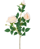 Artificiell Rose Neo deluxe 75 cm beige har en enda stjälk med två ljusbeige blommande rosor, en rosknopp och flera gröna blad, mot en vanlig vit bakgrund.