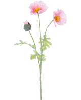 Artificiell blomvallmo 73 cm ljusrosa har en enda stjälk med två öppna ljusrosa vallmoblommor, en sluten knopp, volanger i kronbladen, gula hjärtan och gröna blad på vit bakgrund.