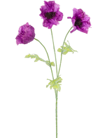 Artificiell blomvallmo 73 cm lila har tre lila konstgjorda vallmoblommor med gröna stjälkar och blad, mot en vanlig vit bakgrund. De känsliga, lätt skrynkliga kronbladen lägger till struktur till arrangemanget.