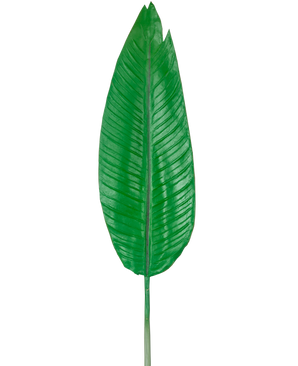 Artificiella blad Strelitzia 110cm är ett stort, grönt konstgjort blad med en framträdande mittnård och synliga sidovener, avbildat mot en vanlig vit bakgrund.