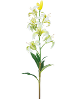 Artificiell blommartagonlilja 78 cm vit har en lång stjälk med flera vita liljablommor och knoppar, ett gult hjärta och gröna blad, isolerade på en vit bakgrund.