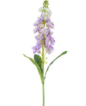 En enda Artificiell Violier blomma 78 cm i ljuslila och vitt med gröna blad, mot vit bakgrund.