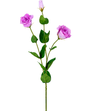Artificiell Eustoma Real Touch Pink 72cm har en enda grön stjälk med tre ljuslila konstgjorda rosor i olika blomningsstadier och olika gröna blad, avbildade på en vit bakgrund.