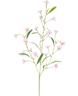 Den konstgjorda blomman Alstroemeria Real Touch Pink 100 cm har en enda stjälk med flera smala grenar, gröna blad och små rosa fembladiga blommor utspridda längs stjälken - allt mot en vit bakgrund.