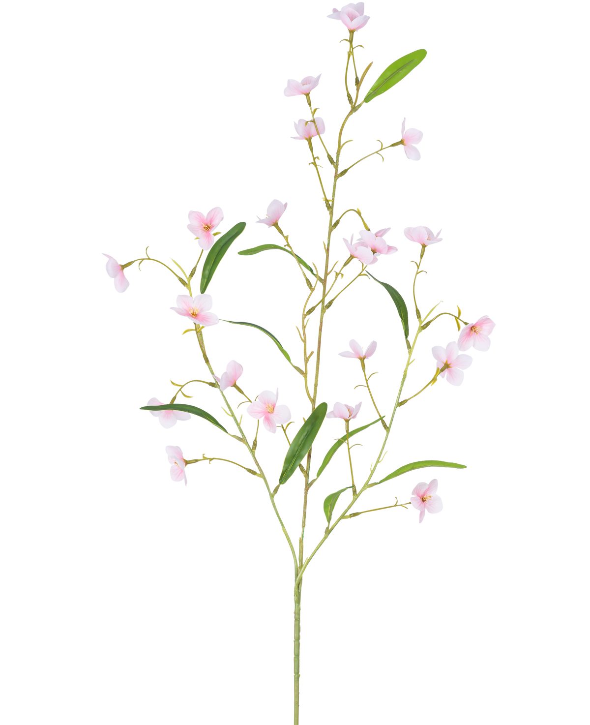 Den konstgjorda blomman Alstroemeria Real Touch Pink 100 cm har en enda stjälk med flera smala grenar, gröna blad och små rosa fembladiga blommor utspridda längs stjälken - allt mot en vit bakgrund.