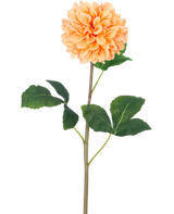Artificiell Blomma Dahlia Real Touch Peach 73 cm har en enda persika-orange dahlia med många kronblad på en lång grön stjälk och flera stora gröna blad med struktur, mot en vanlig vit bakgrund.