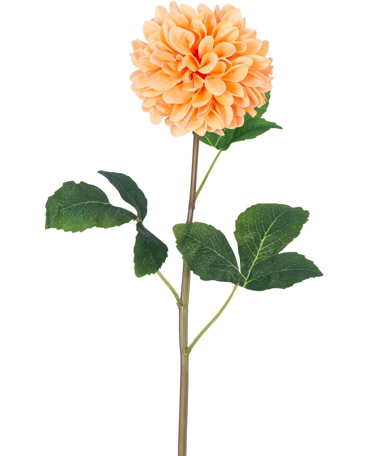 Artificiell Blomma Dahlia Real Touch Peach 73 cm har en enda persika-orange dahlia med många kronblad på en lång grön stjälk och flera stora gröna blad med struktur, mot en vanlig vit bakgrund.