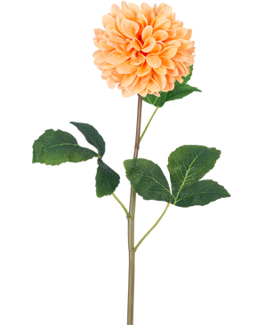 Artificiell Blomma Dahlia Real Touch Peach 73 cm har en enda persika-orange dahlia med många kronblad på en lång grön stjälk och flera stora gröna blad med struktur, mot en vanlig vit bakgrund.