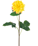 Artificiell Blomma Dahlia Real Touch Yellow 73 cm är en enda gul dahlia med runda kronblad och röda accenter, med en lång grön stjälk och ett antal stora gröna blad, mot en vit bakgrund.