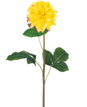 Artificiell Blomma Dahlia Real Touch Yellow 73 cm är en enda gul dahlia med runda kronblad och röda accenter, med en lång grön stjälk och ett antal stora gröna blad, mot en vit bakgrund.