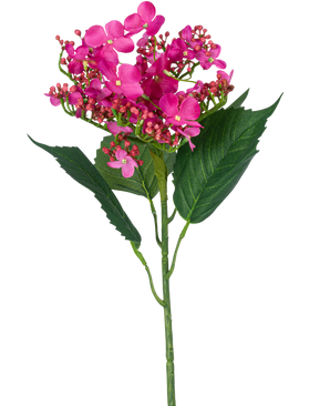 En enda konstgjord fjärilshortensia, 72 cm hög med ljusrosa konstgjorda blommor och gröna blad, mot en vit bakgrund.