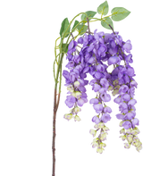 En konstgjord blomma Wisteria 115 cm lila med lila blåregnblommor och gröna blad mot en vit bakgrund.