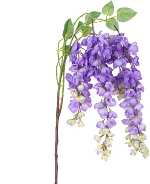 En konstgjord blomma Wisteria 115 cm lila med lila blåregnblommor och gröna blad mot en vit bakgrund.