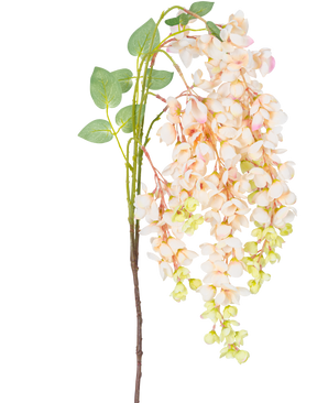 Den konstgjorda blomman Wisteria 100 cm krämen har en enda stjälk med klasar av ljusrosa och krämfärgade blåregnsblommor, gröna knoppar och gröna blad mot en vit bakgrund.