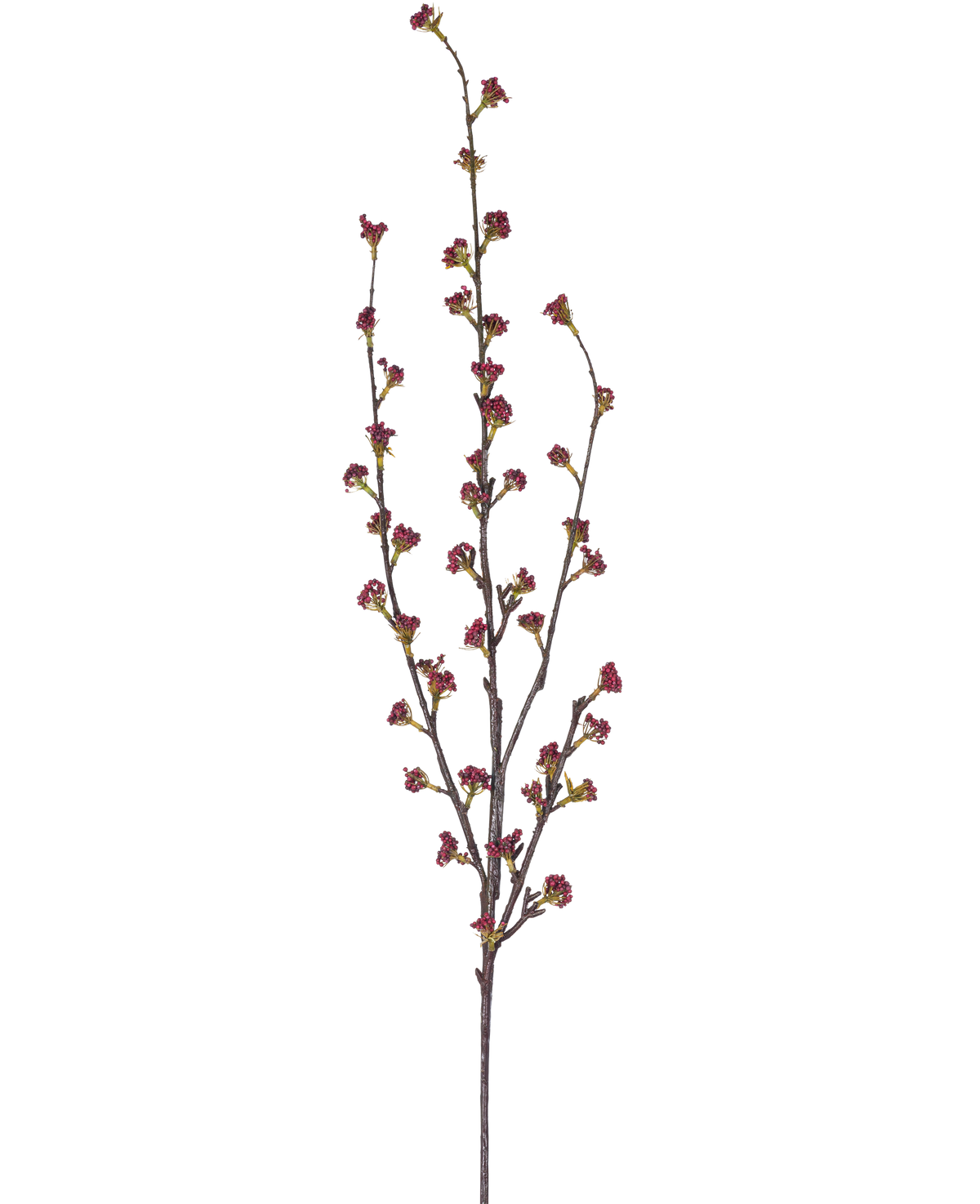 Den konstgjorda grenen Callicarpa 104 cm lila har smala grenar med flera tunna stjälkar, var och en dekorerad med små klasar av djuplila knoppar, mot en vanlig vit bakgrund.