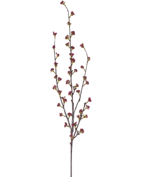 Den konstgjorda grenen Callicarpa 104 cm lila har smala grenar med flera tunna stjälkar, var och en dekorerad med små klasar av djuplila knoppar, mot en vanlig vit bakgrund.