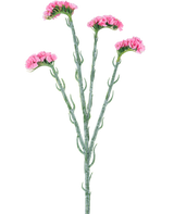 Den konstgjorda grenen Statice 64 cm rosa har tre gröna stjälkar med små böjda blad, som var och en slutar i klasar av känsliga rosa blommor, isolerade på en vit bakgrund.