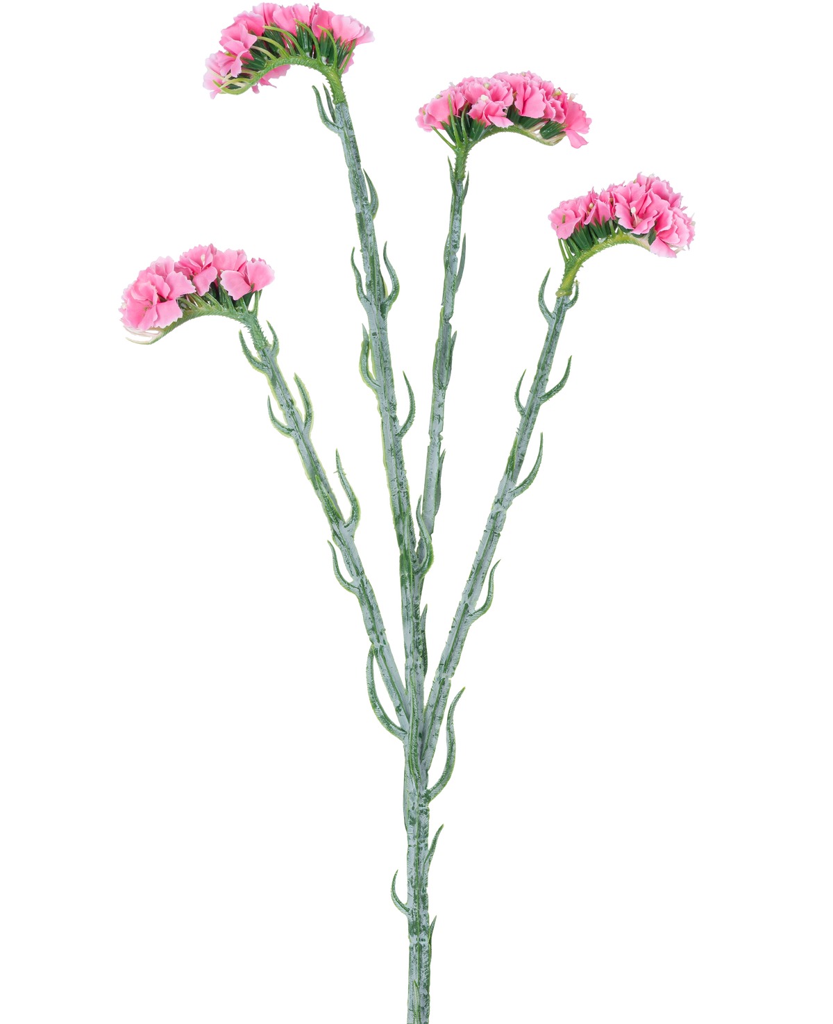 Den konstgjorda grenen Statice 64 cm rosa har tre gröna stjälkar med små böjda blad, som var och en slutar i klasar av känsliga rosa blommor, isolerade på en vit bakgrund.