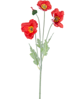 Artificiell blomma vallmo Real Touch röd 60 cm har en enda stjälk med tre livfulla röda vallmoblommor, en sluten knopp och gröna blad, mot en vanlig vit bakgrund.