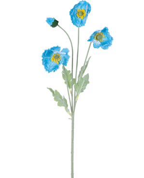 Artificiell blomvallmo Real Touch Blue 60 cm har en enda stjälk med tre blå vallmoblommor och gröna blad; två blommor är öppna med ett gult centrum och en blomma förblir en sluten knopp, alla isolerade på en vit bakgrund.