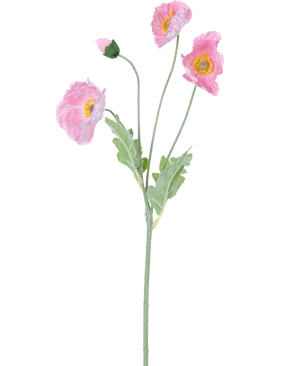 Artificiell blomvallmo Real Touch Rosa 60 cm: En naturtrogen rosa vallmo med tre öppna blommor och en sluten knopp på gröna stjälkar och ljusgröna blad, avbildad mot en vit bakgrund.