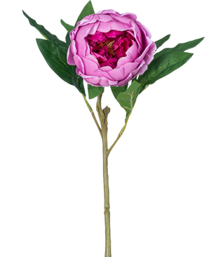Den konstgjorda blomman Lotus Peony Real Touch i lila, 58 cm lång, har skiktade kronblad, gröna blad och en lång stjälk. Avbildad mot en vanlig vit bakgrund.