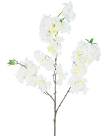 Den konstgjorda körsbärsblomman 106 cm vit har en enda brun gren med klasar av vita konstgjorda körsbärsblommor och små gröna blad, mot en vanlig vit bakgrund.