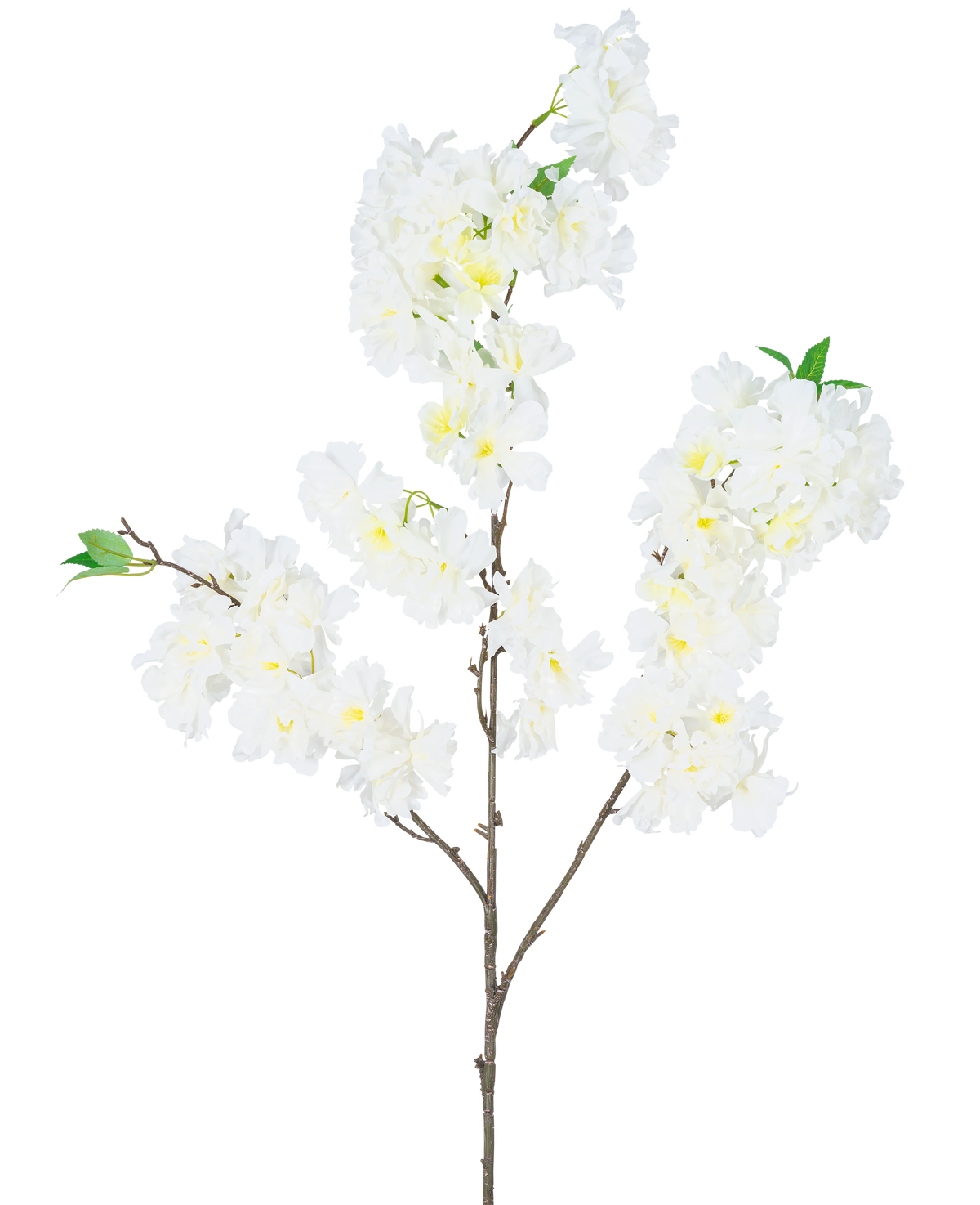Den konstgjorda körsbärsblomman 106 cm vit har en enda brun gren med klasar av vita konstgjorda körsbärsblommor och små gröna blad, mot en vanlig vit bakgrund.