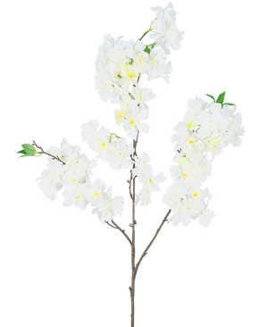 Den konstgjorda körsbärsblomman 106 cm vit har en enda brun gren med klasar av vita konstgjorda körsbärsblommor och små gröna blad, mot en vanlig vit bakgrund.