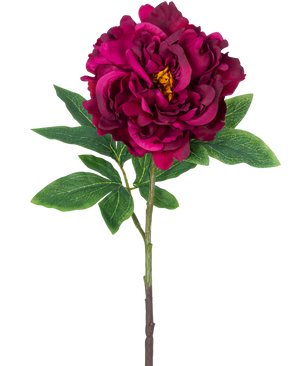 Den konstgjorda blompionen 61 cm lila är en enda konstgjord pion med skiktade mörklila kronblad, ett gult hjärta, gröna blad och en lång stjälk, avbildad mot en vanlig vit bakgrund.