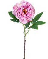 En enda konstgjord blompion 61 cm ljusrosa, med ljusrosa kronblad och gröna blad på en lång stjälk, fotograferad mot en vanlig vit bakgrund.