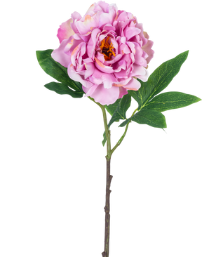 En enda konstgjord blompion 61 cm ljusrosa, med ljusrosa kronblad och gröna blad på en lång stjälk, fotograferad mot en vanlig vit bakgrund.