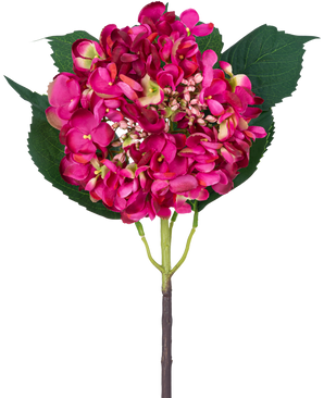 En enda Artificiell Blomsterträdgårdshortensia 61 cm rosa rosa hortensiablomma och tre stora gröna blad mot en vit bakgrund.
