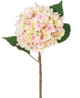 Artificiell blomhortensia Real Touch Pink 58 cm är en enda artificiell hortensiastam med mjukt rosa kronblad och två stora gröna blad, perfekt för dekoration och presenterad mot en vit bakgrund.