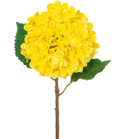 Artificiell blomhortensia Real Touch gul 58 cm har en enda gul hortensia med skiktade kronblad, två stora gröna blad och en brun stjälk, mot en vanlig vit bakgrund.