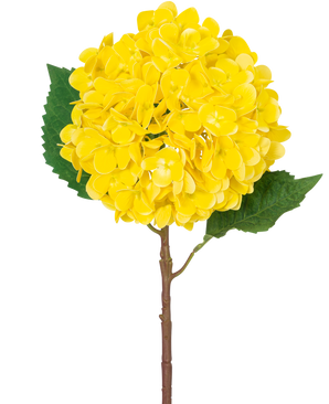 Artificiell blomhortensia Real Touch gul 58 cm har en enda gul hortensia med skiktade kronblad, två stora gröna blad och en brun stjälk, mot en vanlig vit bakgrund.