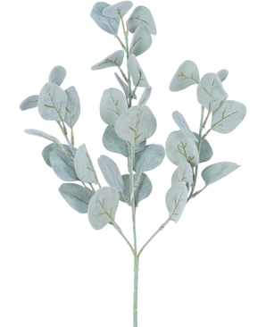 Den konstgjorda blomeukalyptusen runt 68 cm har ljusgröna, runda blad på tunna stjälkar, vackert isolerade mot en vit bakgrund.