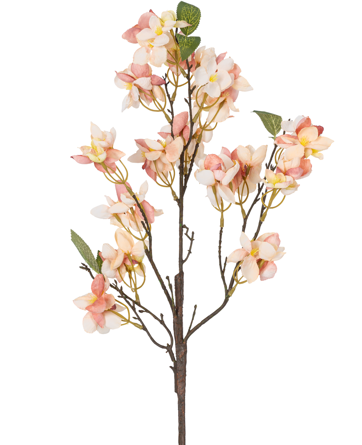 Artificiell blomblom 60 cm rosa har en enda konstgjord stjälk med klasar av ljusrosa och gräddfärgade blommor, små gula hjärtan och gröna blad mot en vit bakgrund.
