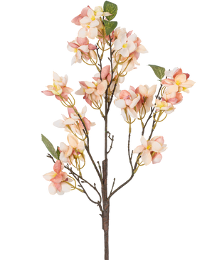 Artificiell blomblom 60 cm rosa har en enda konstgjord stjälk med klasar av ljusrosa och gräddfärgade blommor, små gula hjärtan och gröna blad mot en vit bakgrund.
