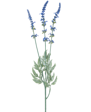 En botanisk illustration av artificiell gren lavendel 66 cm blå visar tre långa, tunna stjälkar med klasar av små blå blommor och långsträckta gröna blad mot en vit bakgrund.