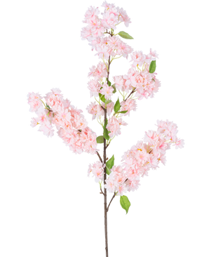 Den konstgjorda körsbärsblomman 100 cm rosa har en lång brun stjälk, klasar av ljusrosa körsbärsblommor och gröna blad mot en vit bakgrund.