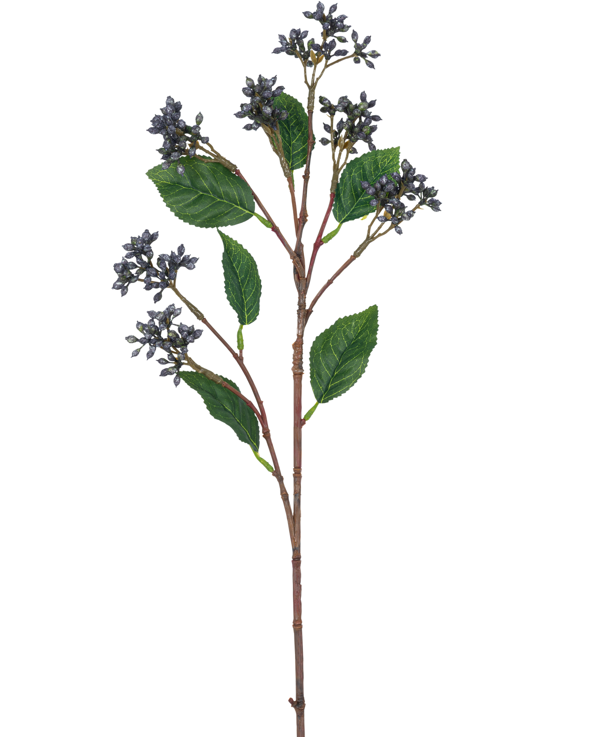 Artificiella grenbär 64 cm stålblå har en enda konstgjord gren med klasar av små stålblå bär och flera gröna blad på rödbruna stjälkar, perfekt för dekoration.