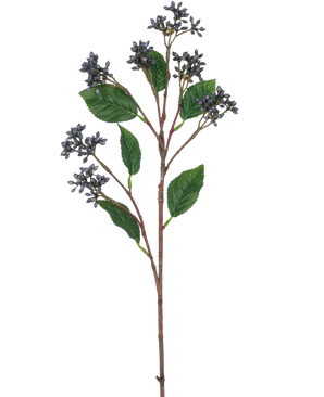 Kunsttak Japanese Berry 63 cm har klasar av små stålblå bär och enkla gröna blad på tunna bruna stjälkar, mot en vanlig vit bakgrund.