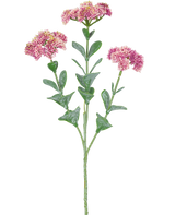 Den konstgjorda grenen Sedum 56 cm ljusrosa har en enda grön stjälk med flera grenar, var och en dekorerad med klasar av små, ljusrosa blommor med rundade kronblad, mot en vit bakgrund.