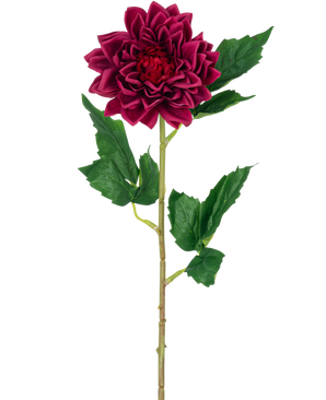 Den konstgjorda blomman Dahlia Real Touch mörkröd 54 cm har en enda djupröd dahliablomma med gröna blad på en stjälk, isolerad mot en vit bakgrund.