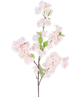 En enda konstgjord körsbärsblomma 100 cm ljusrosa har klasar av ljusrosa körsbärsblommor med gröna blad på en vit bakgrund.