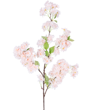 En enda konstgjord körsbärsblomma 100 cm ljusrosa har klasar av ljusrosa körsbärsblommor med gröna blad på en vit bakgrund.