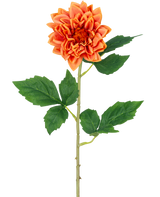 Den konstgjorda blomman Dahlia Real Touch orange 54 cm har en enda orange dahlia med skiktade kronblad, en lång grön stjälk och flera breda gröna blad, isolerade på en vit bakgrund.