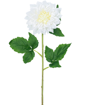 Artificiell Blomma Dahlia Real Touch vit 54 cm har en enda vit dahliastam med ett gult hjärta och gröna blad, mot en vanlig vit bakgrund.