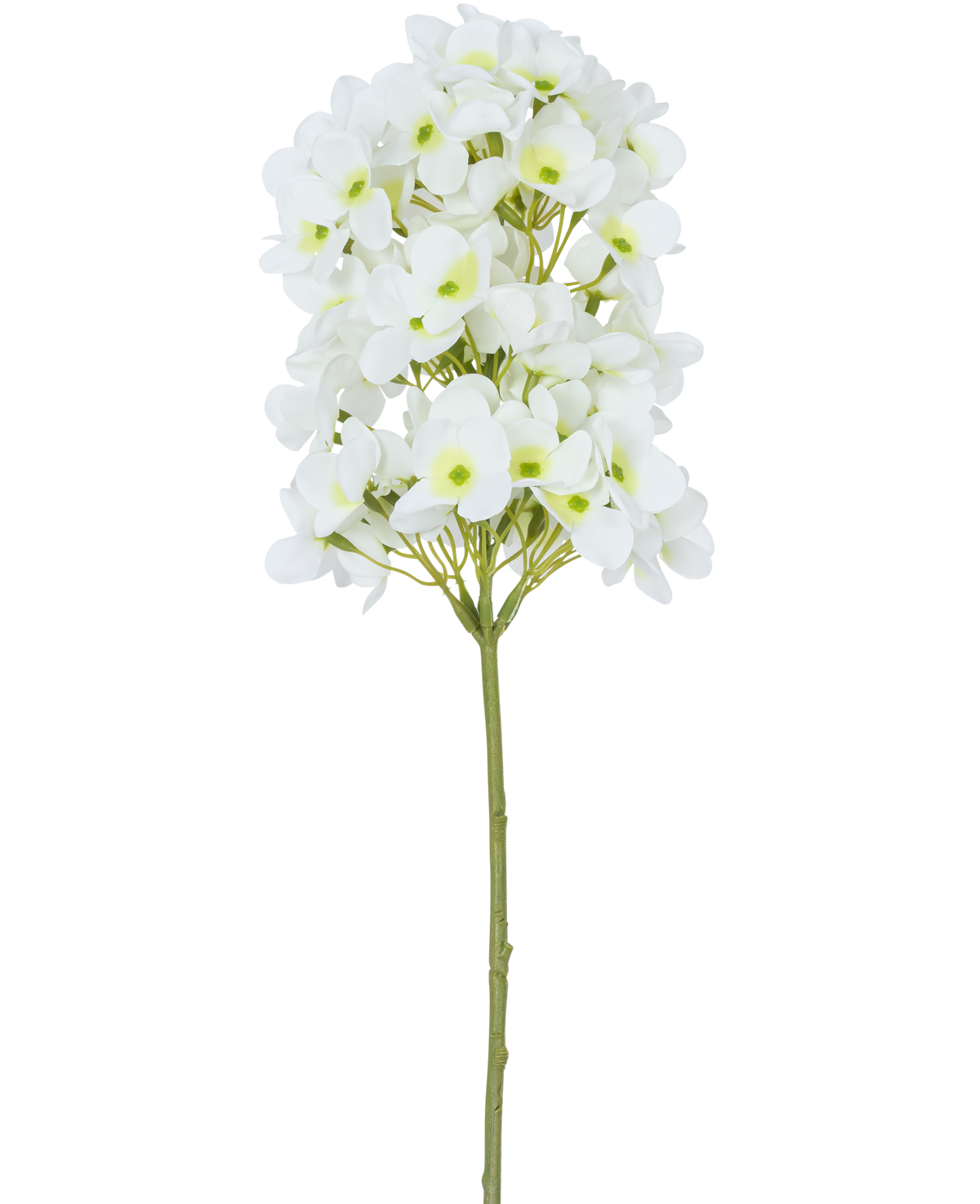 Artificiell Blomma Snowball Real Touch White 58 cm har en enda stjälk med klasar av små vita blommor och ljusgröna hjärtan, mot en vanlig vit bakgrund.